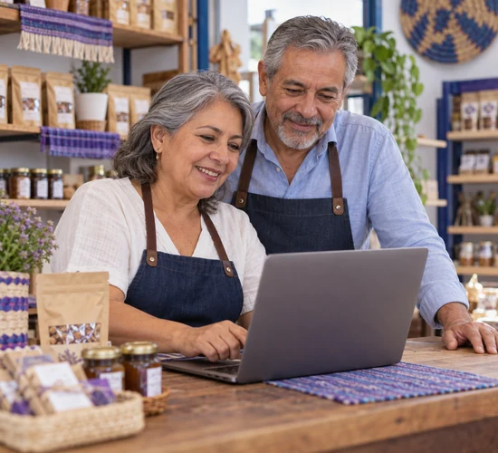 Imagen ilustrativa de comerciantes mayores de 50 años preparando su catálogo en una tienda.